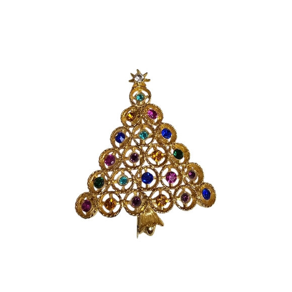 Christmas Gold Tone Pin Brooch Multi Colored Rhinestones Holidays Attire Star - Picture 4 of 8